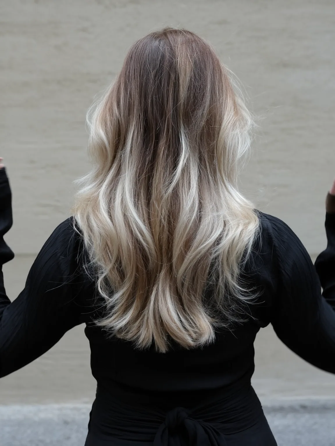 Medium Volume Wavy Layers with Subtle Brunette Root Shadow